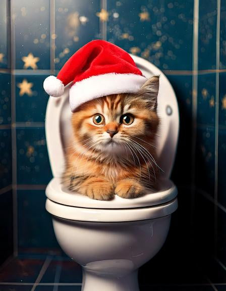 Diamond painting kat op de toilet met kerstmuts