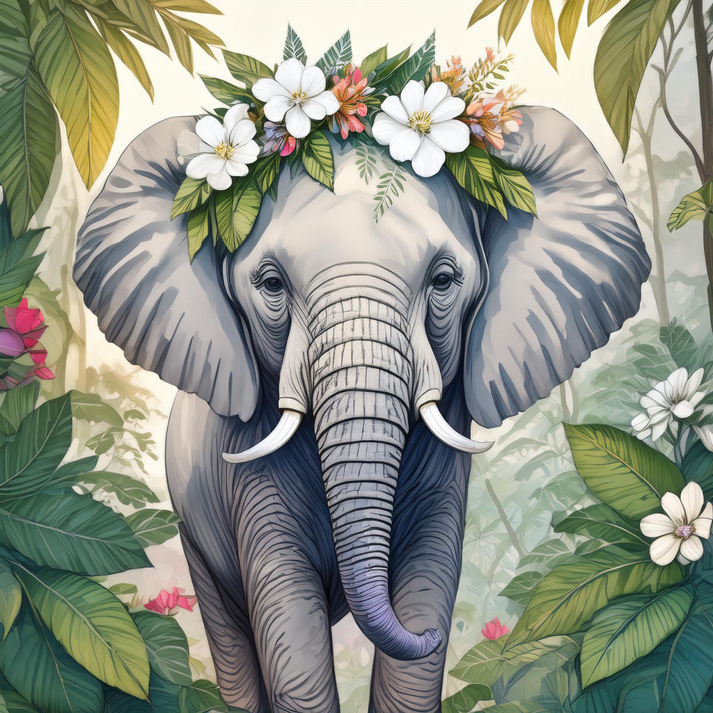 Diamond painting olifant met bloemenkrans