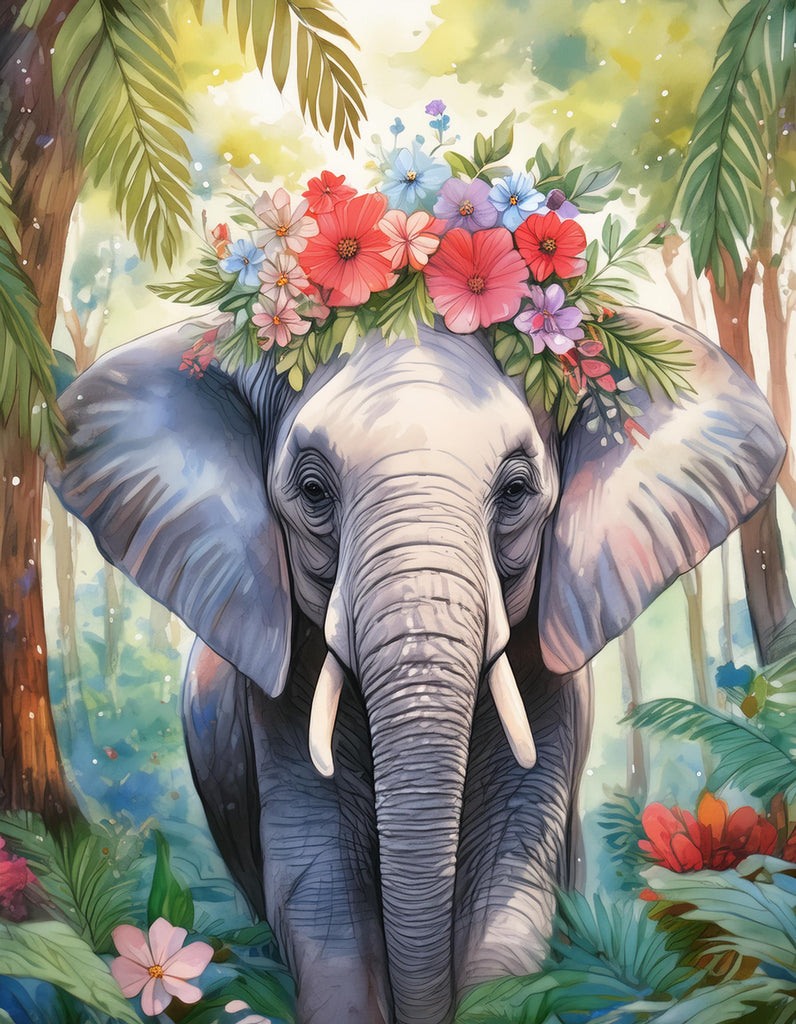 Diamond painting olifant met roze bloemenkrans