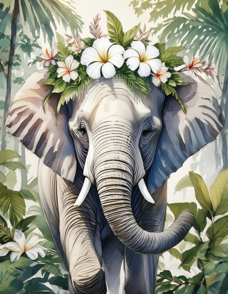 Diamond painting olifant met witte bloemenkrans