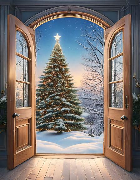 Diamond painting openslaande deuren met kerstboom in sneeuw