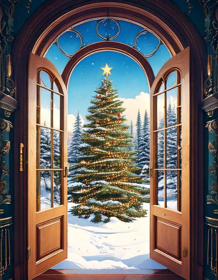 Diamond painting openslaande deuren sneeuwlandschap met kerstboom