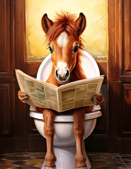 Diamond painting paard leest krant op de toilet