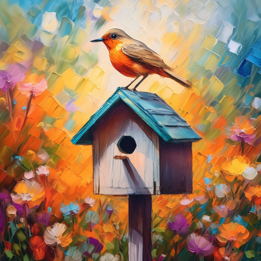 Diamond painting vogelhuisje met een roodborstje 