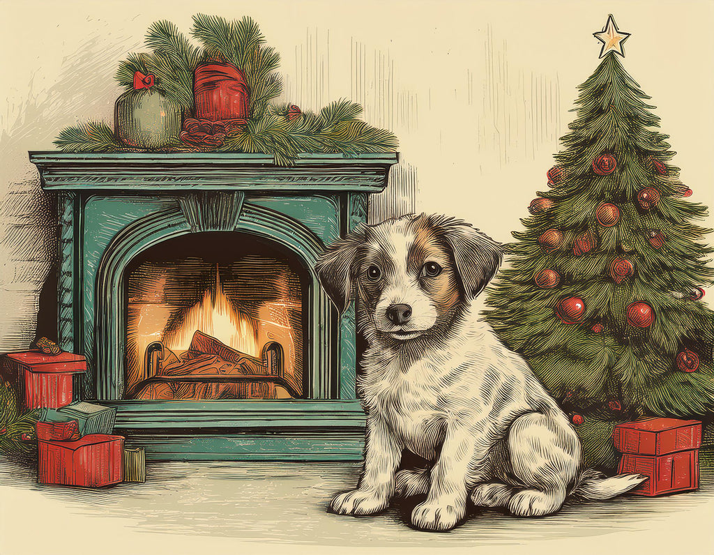 Diamond painting hond bij kerstboom en openhaard