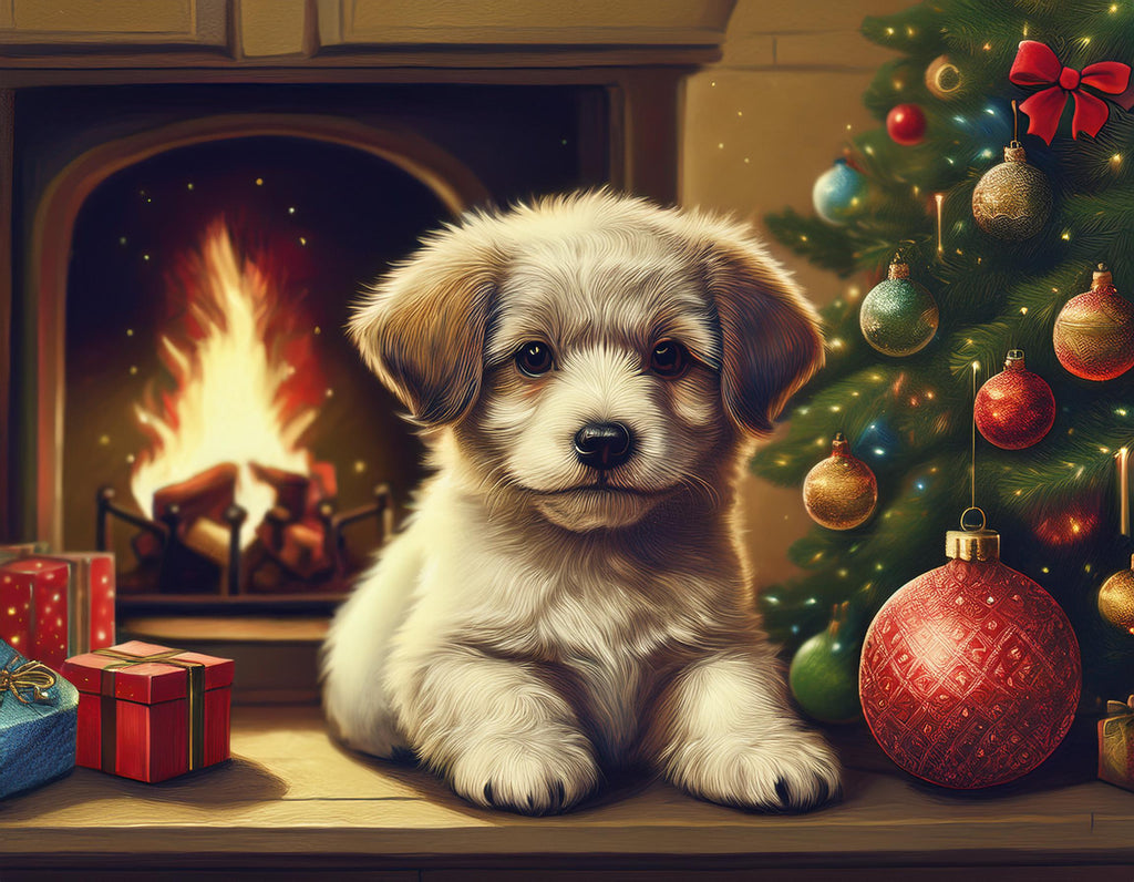 Diamond painting kerst hond bij openhaard