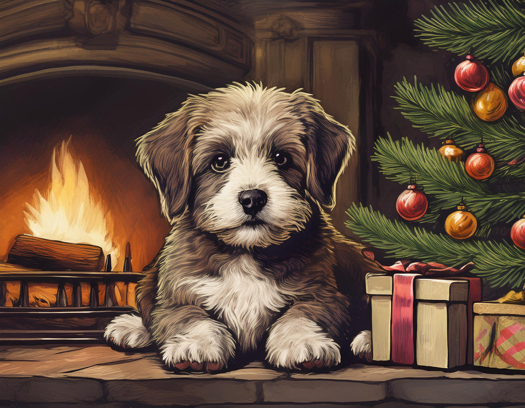 Diamond painting kerst puppy bij openhaard