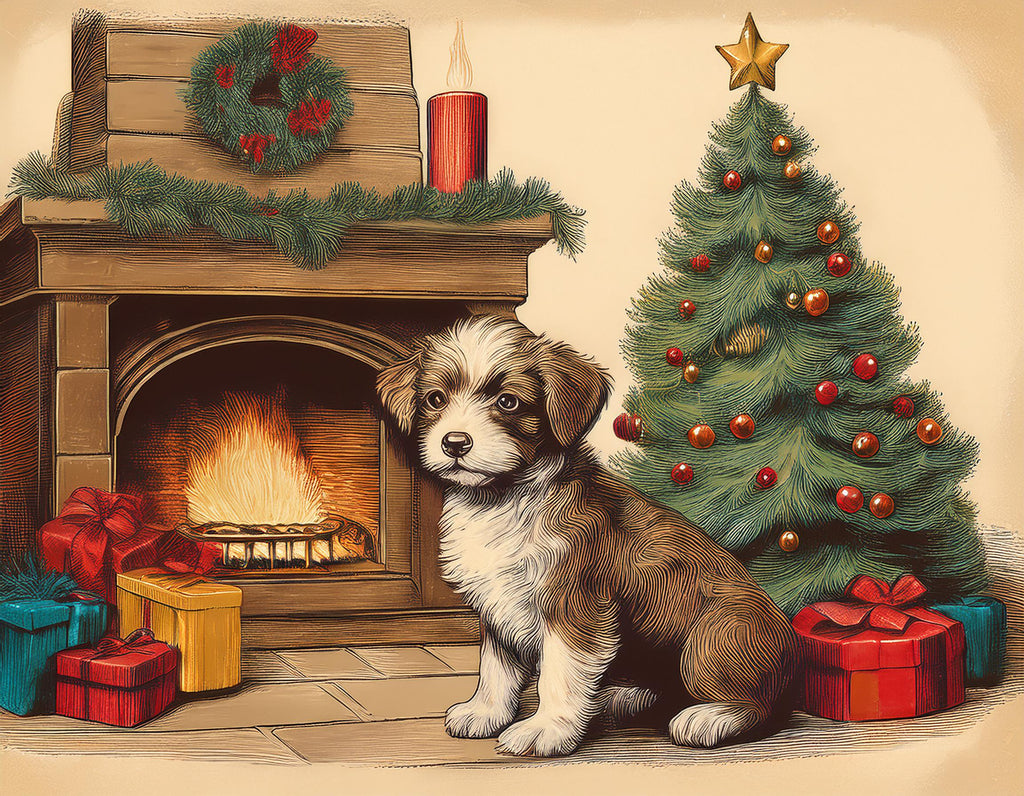 Diamond painting puppy bij kerstboom en openhaard