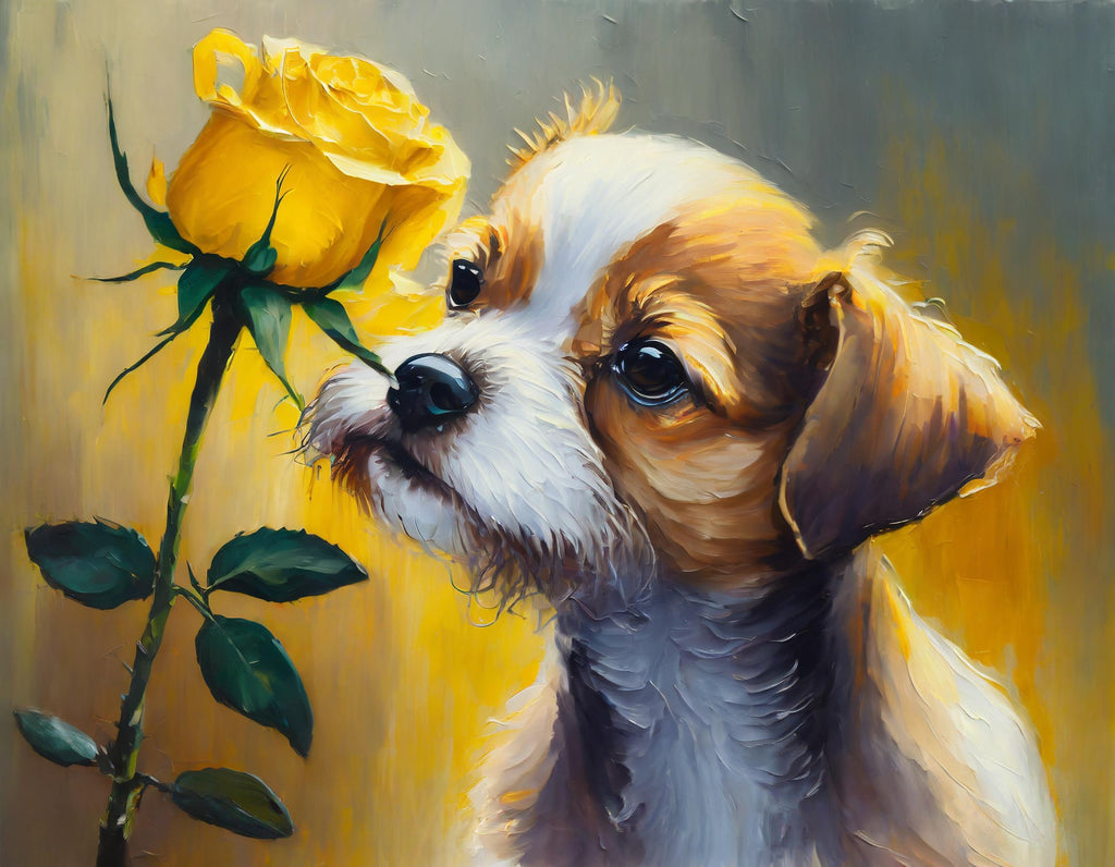 Diamond painting hond bij gele roos