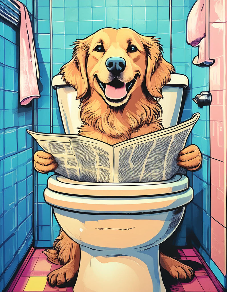 Diamond painting hond leest krant op toilet