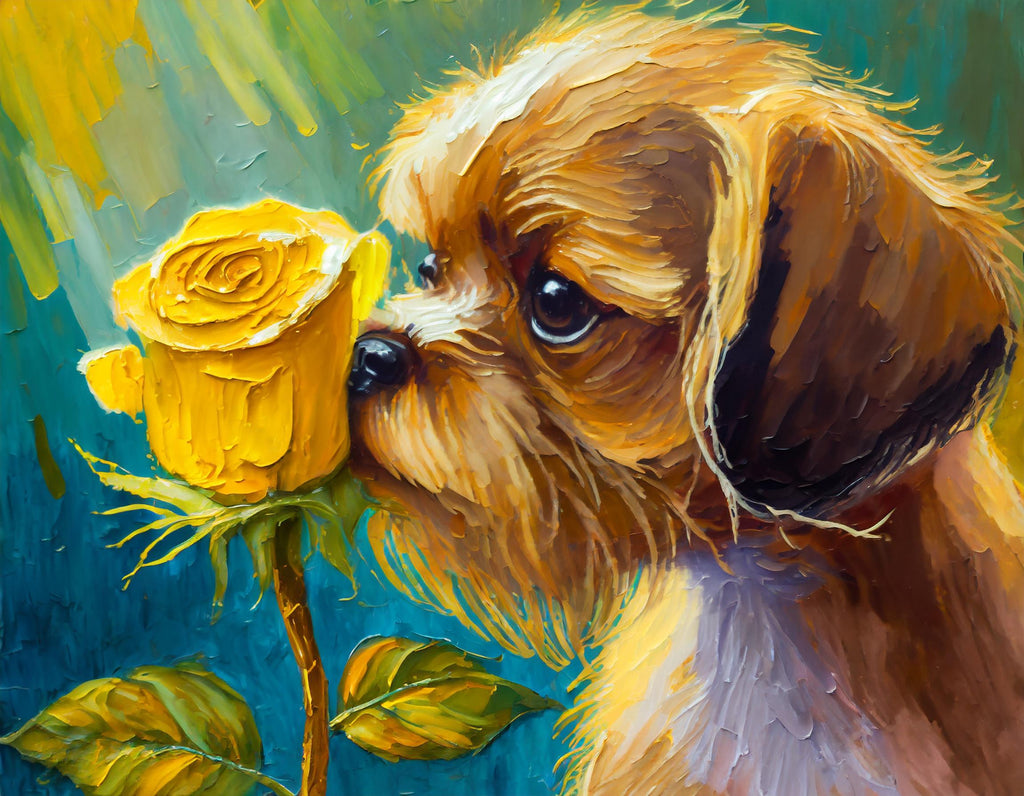 Diamond painting hond ruikt aan gele roos